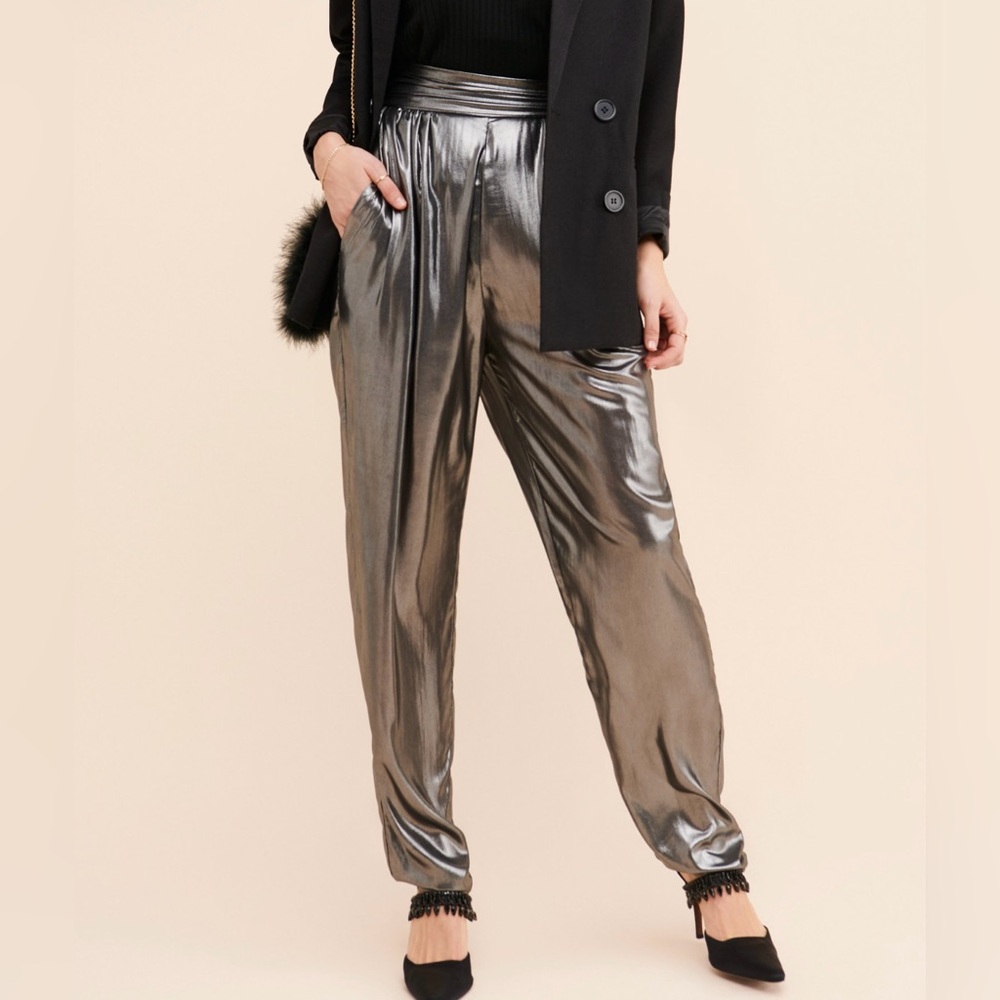 Ronny Kobo Alexandra Pants S High Waisted Rise Pull On Pleated Silver Metallic